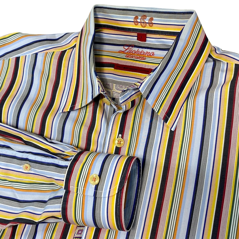 Luchiano Visconti Mens L Mercerized Cotton Multi Color Striped Button Down Shirt